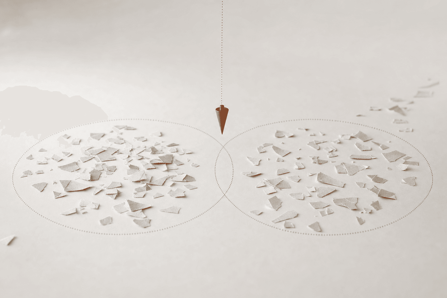 Two dotted circles overlap by a thin sliver on pale paper, each filled with its own drift of torn paper fragments that never cross into the other, and a small burnt-orange plumb bob descends on a dotted line over the empty shared space: two answer engines, almost no common sources, one instrument taking the first reading.