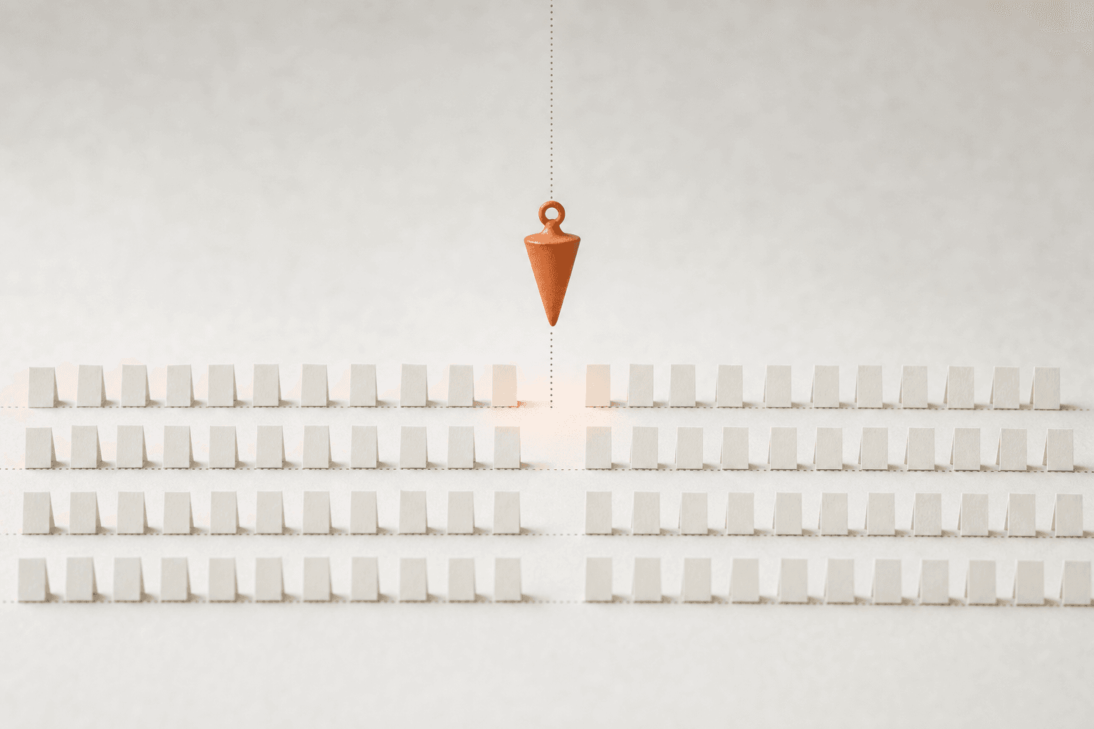 Four long rows of small pale paper markers run across a near-white surface, and a single empty column cuts down through all four where one marker is missing from every row, a burnt-orange plumb bob hanging weightless above the gap on a dotted line and casting a faint glow into it: four trades measured separately, failing at exactly the same question.