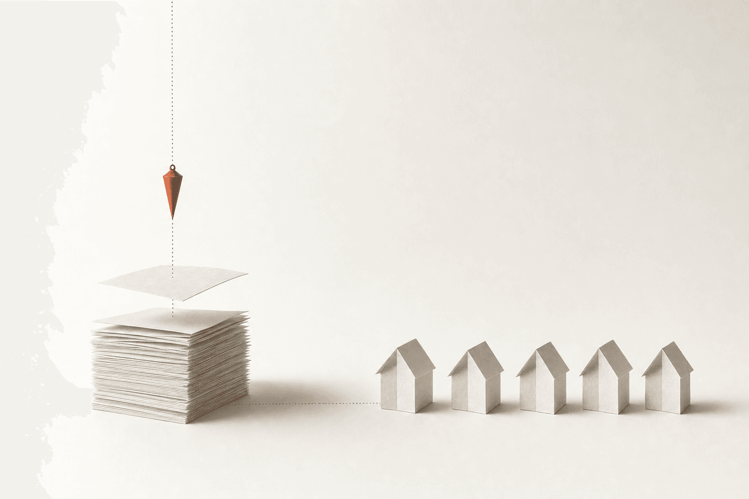 A burnt-orange plumb bob hangs on a dotted line over a tall stack of paper sheets, the top two lifting off, and a second dotted line runs along the ground from the stack to a row of five small paper houses: a pile of answers being measured, and the five businesses it named.