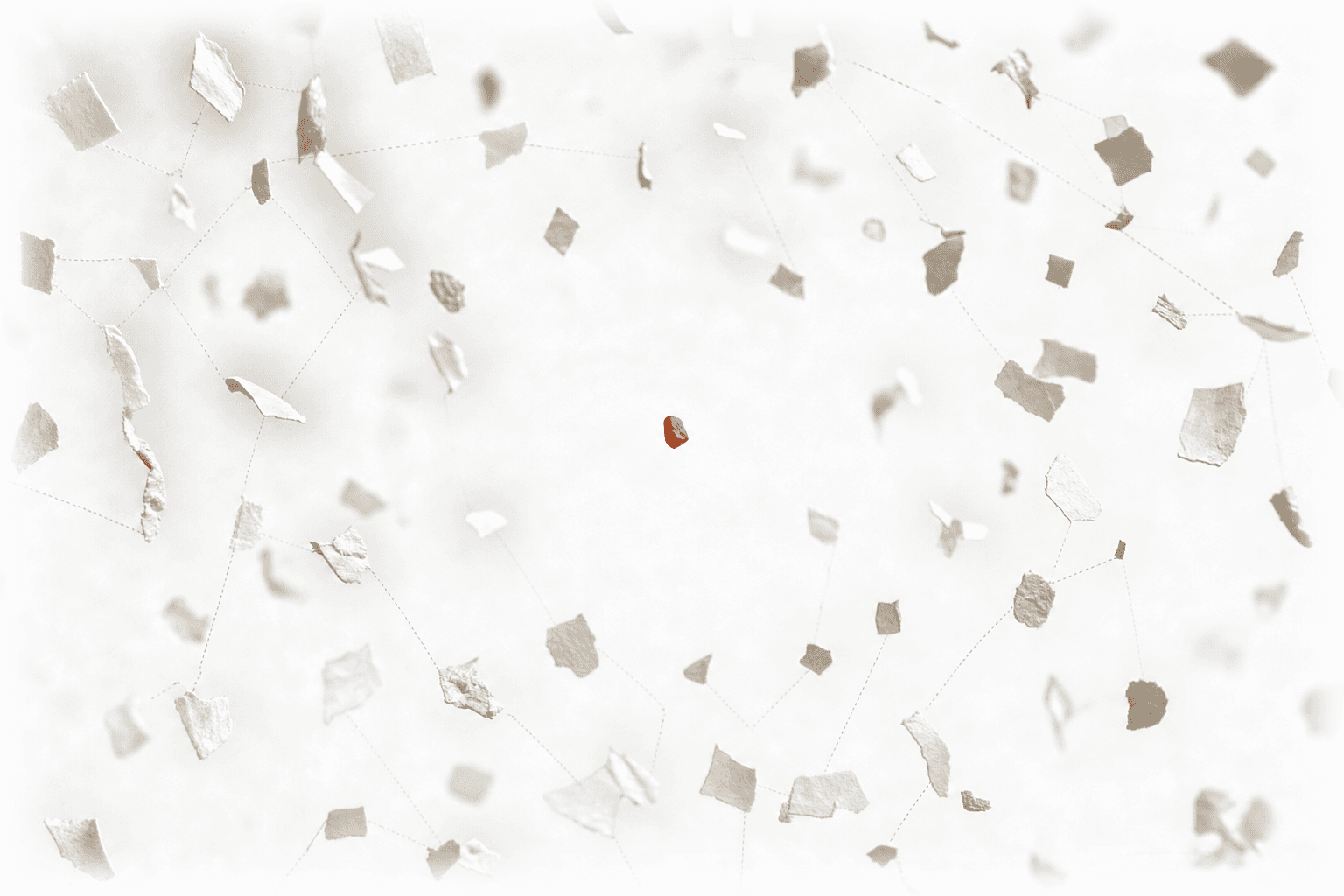 Scores of small pale paper fragments drift evenly through soft daylight, faint dotted lines strung between them converging on nothing, and one small burnt-orange fragment hovers alone in the clear space at the centre: a market of scattered sources with no incumbent at the middle of it.