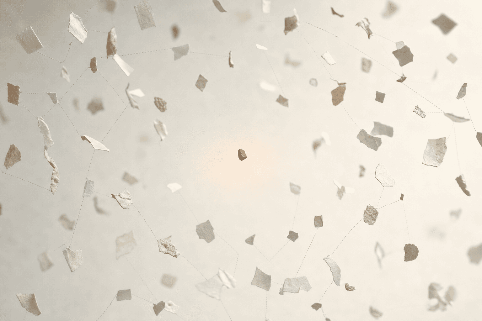 Scores of small pale paper fragments drift evenly through soft daylight, faint dotted lines strung between them converging on nothing, and one small burnt-orange fragment hovers alone in the clear space at the centre: a market of scattered sources with no incumbent at the middle of it.