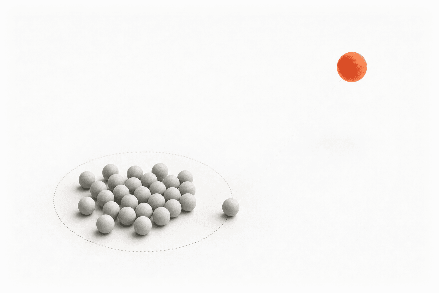 A cluster of pale grey spheres gathered inside a faint dotted ring, one stray sphere just beyond its edge, and a single burnt-orange sphere hovering far out in the empty white: search catches the demand already inside the line, while creating demand reaches past it.