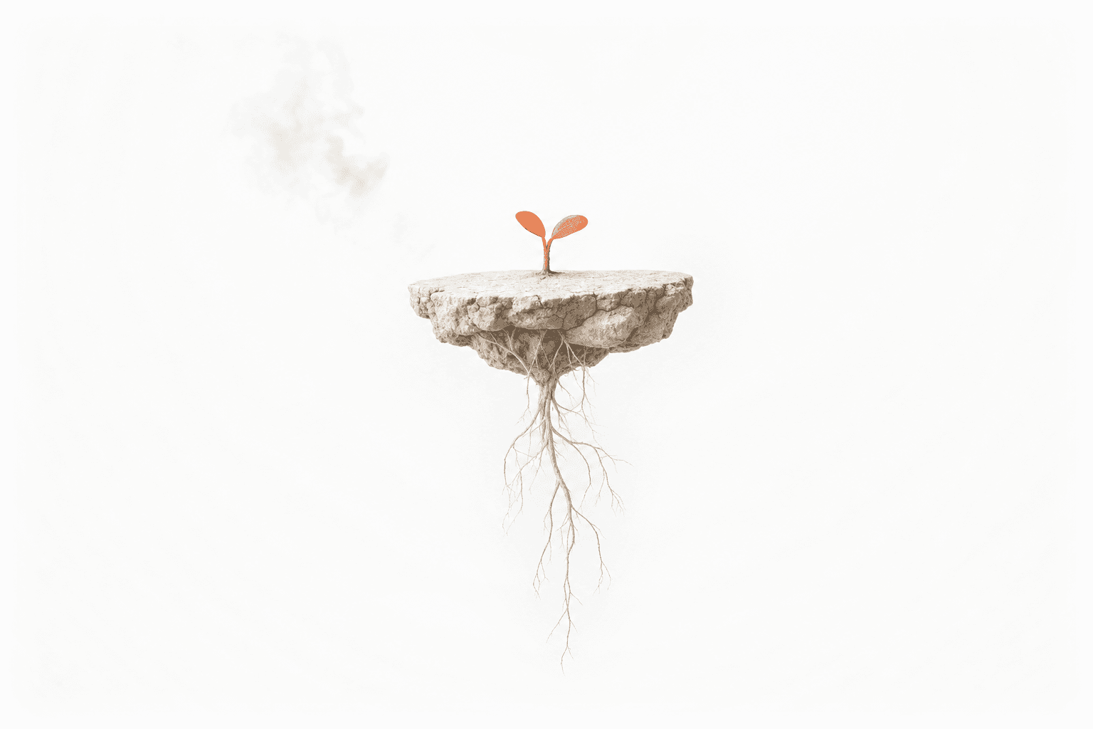 A fragment of pale earth floating level in still light, a burnt-orange sprout rooted in its upper face with fine roots trailing into open air below, and one thin wisp of vapour dispersing away to the side: rented leads that evaporate, versus ground you own.