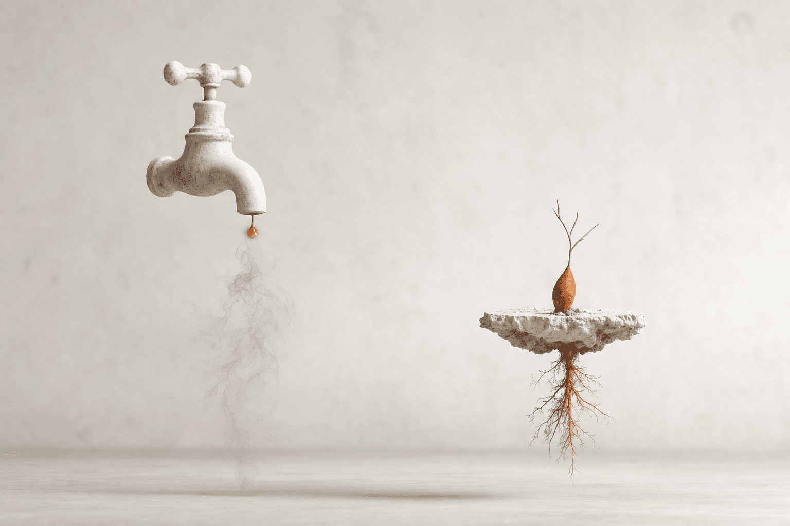 A floating tap loosing a burnt-orange drop that disperses into vapour before it lands, beside a levitating fragment of pale earth holding the same orange as a rooted, sprouting seed: rented leads that evaporate, versus ground you own.