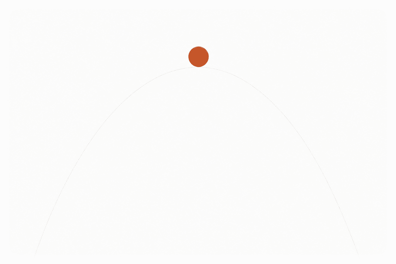 A single burnt-orange sphere hanging at the apex of a faint parabolic arc that curves away off both edges of an otherwise empty white field: potential energy held at its peak.