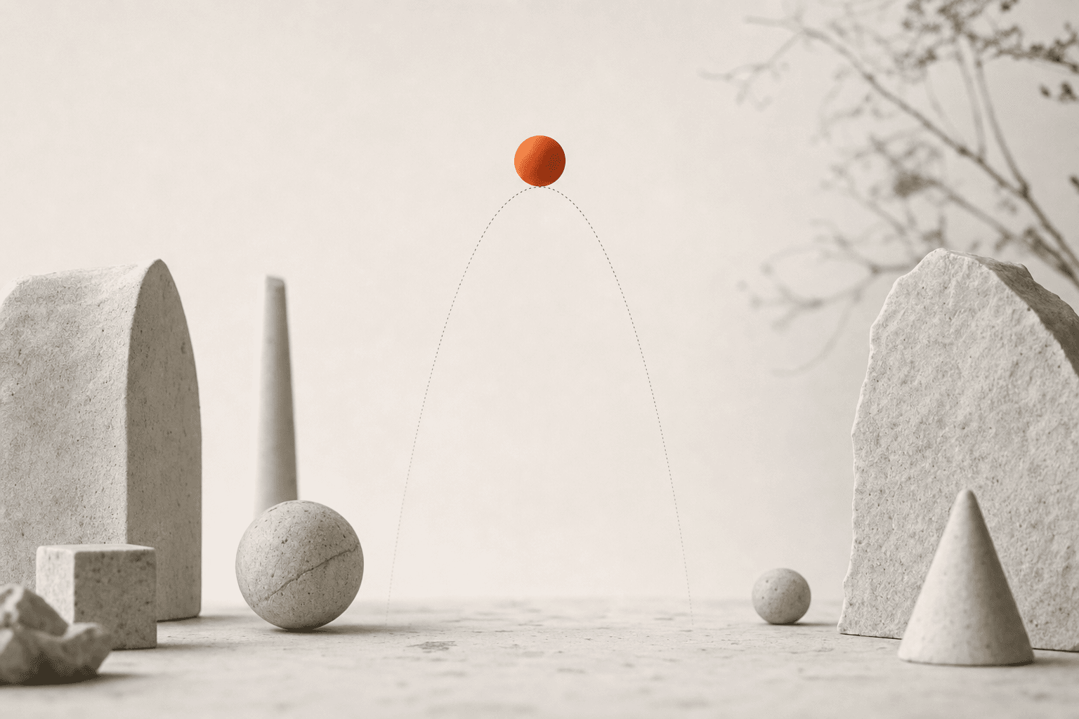 A single burnt-orange sphere hanging at the apex of a faint dotted parabolic arc, pale stone forms resting on the surface below: potential energy held at its peak.