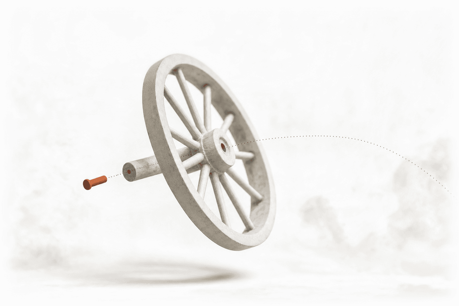 A pale spoked cartwheel sliding off the end of a floating axle as a single small burnt-orange linchpin lifts free: the small hidden part the whole system hangs on.