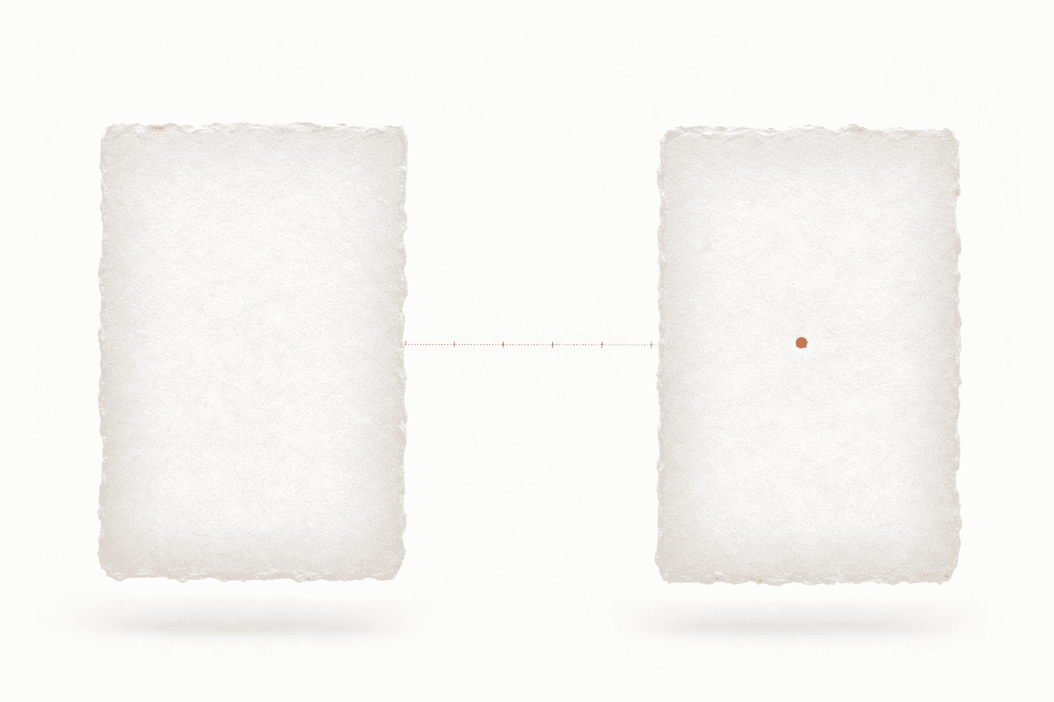 Two pale handmade-paper panels with a fine dotted measuring line between them; the right panel bears a single small burnt-orange mark the bare left panel lacks: the readable difference between a day-one baseline and a ninety-day re-test.