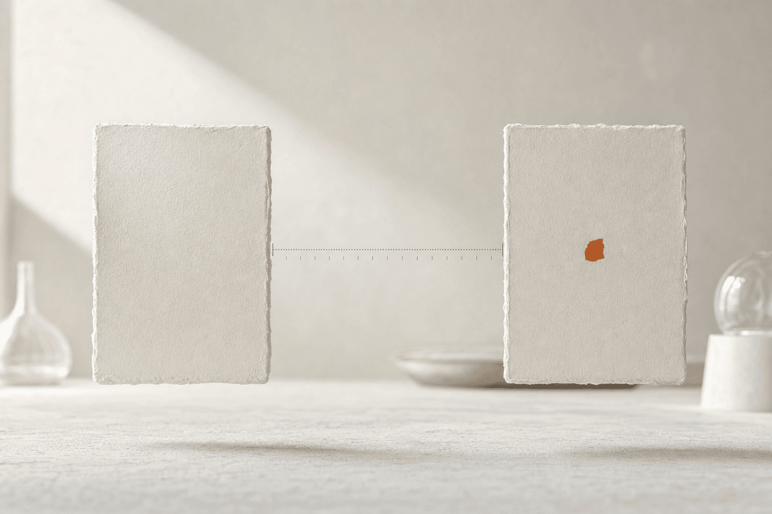 Two pale handmade-paper panels with a fine dotted measuring line between them; the right panel bears a single small burnt-orange mark the bare left panel lacks: the readable difference between a day-one baseline and a ninety-day re-test.