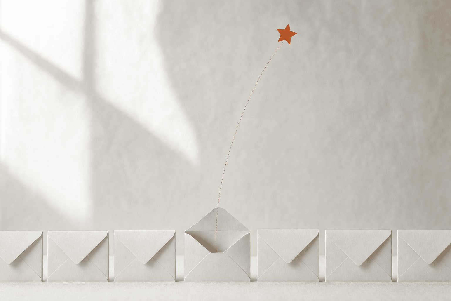 A row of identical pale envelopes stands sealed in soft daylight, one of them open, and a single small burnt-orange star rises out of it along a fine dotted arc: the one finished job whose private thank-you was turned into public proof.