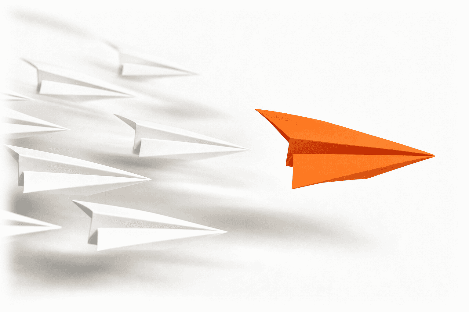 One orange paper plane flying out ahead of a pack of white paper planes: the first reply that wins the race.