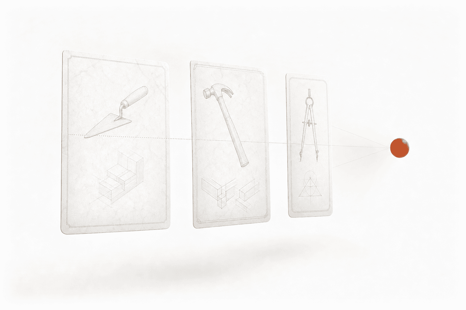 Three pale cards float in soft daylight, each drawn with a trade's tools, a faint dotted line threading through all three to a single glowing burnt-orange sphere: three trades, one way of pricing.