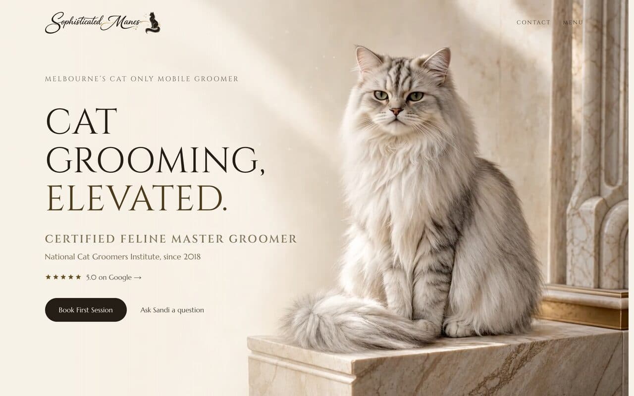 The Sophisticated Manes homepage: cat grooming, elevated, with the studio's gilded cat.