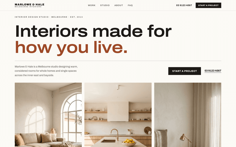 Homepage for a Melbourne interior design studio: editorial type over a gallery of warm, light-filled rooms.