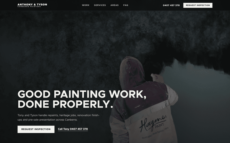 Homepage for a Canberra painting business: bold headline over a full-bleed photo of a painter at work.