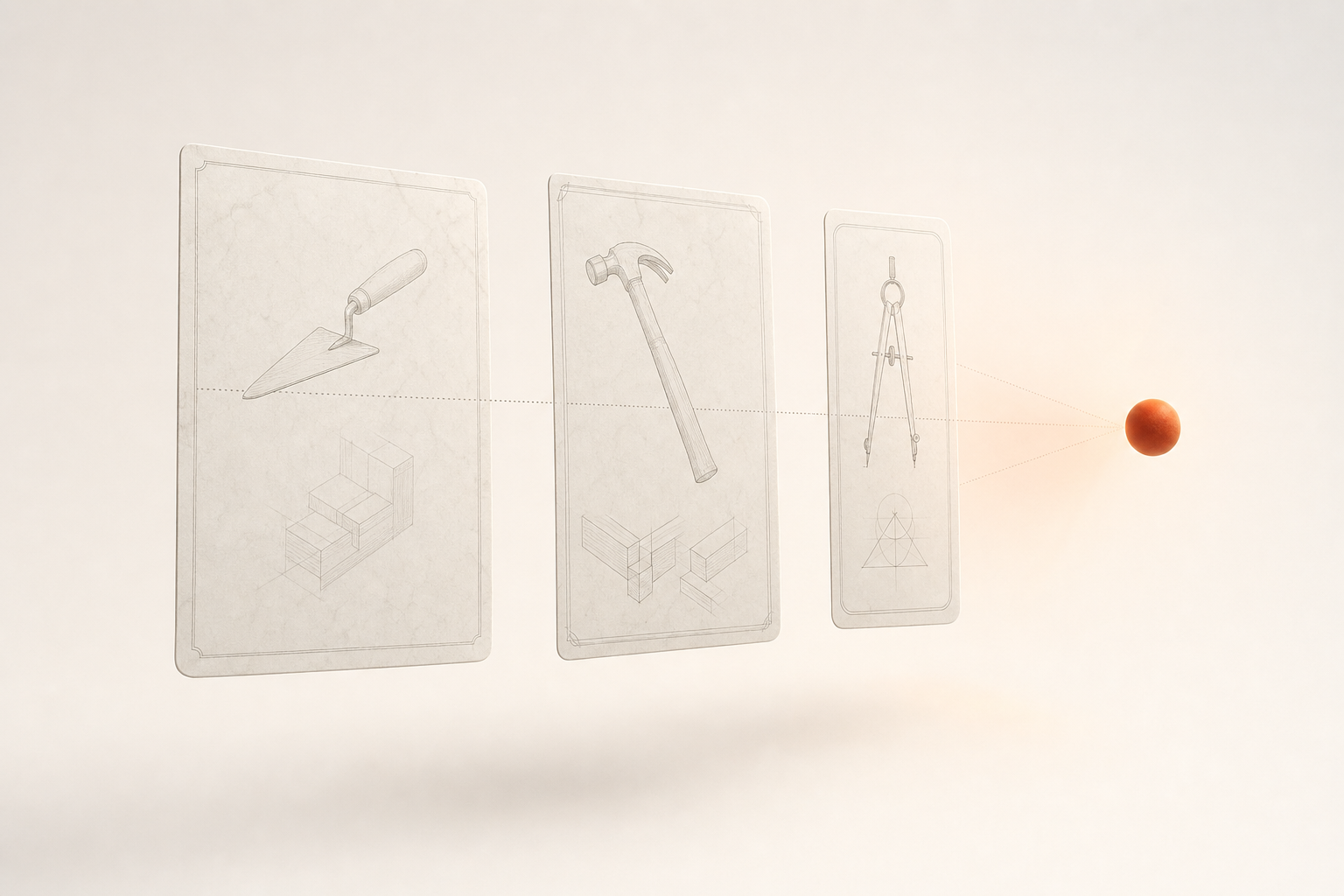 Three pale cards float in soft daylight, each drawn with a trade's tools, a faint dotted line threading through all three to a single glowing burnt-orange sphere: three trades, one way of pricing.