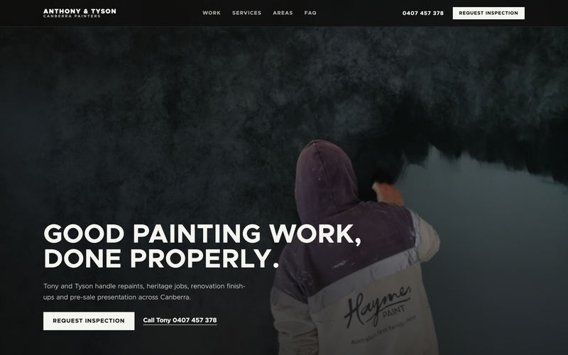 Homepage for a Canberra painting business: bold headline over a full-bleed photo of a painter at work.
